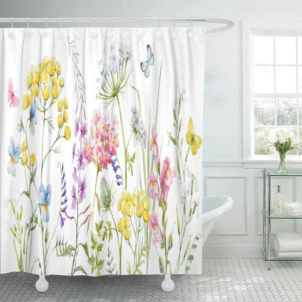 Watercolor Tansy Shower Libin Pansies Pink Tender Blue inch Wildflowers 66x72 Buttercup Curtain Yellow
