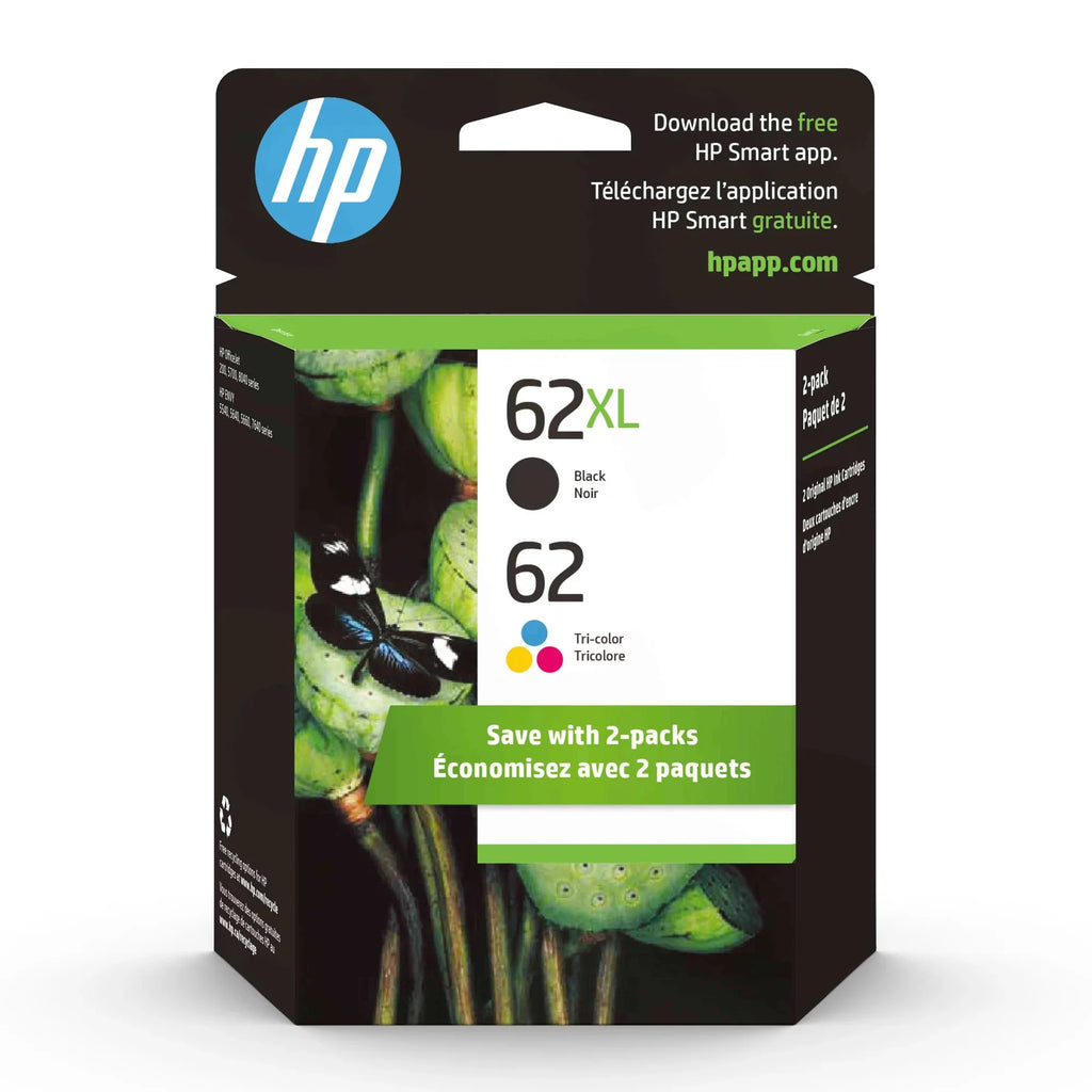62XL HP Ink Tri-Color Cartridges, Black/62 2/Pack N9H67FN,