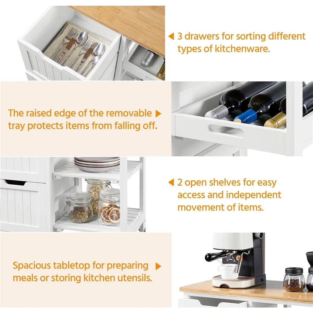 3 H White Bar, Storage for Easyfashion 33" Kitchen with Cart Serving Drawers