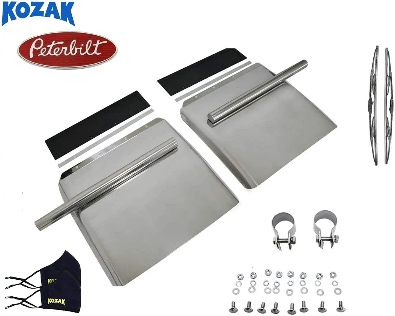 579 Quarter Masks Stainless Fender - Trucks mounting Kozak Semi Plus Peterbilt Face 2x For Hardware Windshield and 2x22 386 x Set Steel Wipers 24" Included 24" All