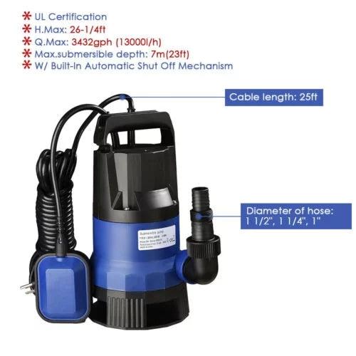 Submersible For 750W Sump Pump Clean Dirty 1HP Pool Swim Pond Water