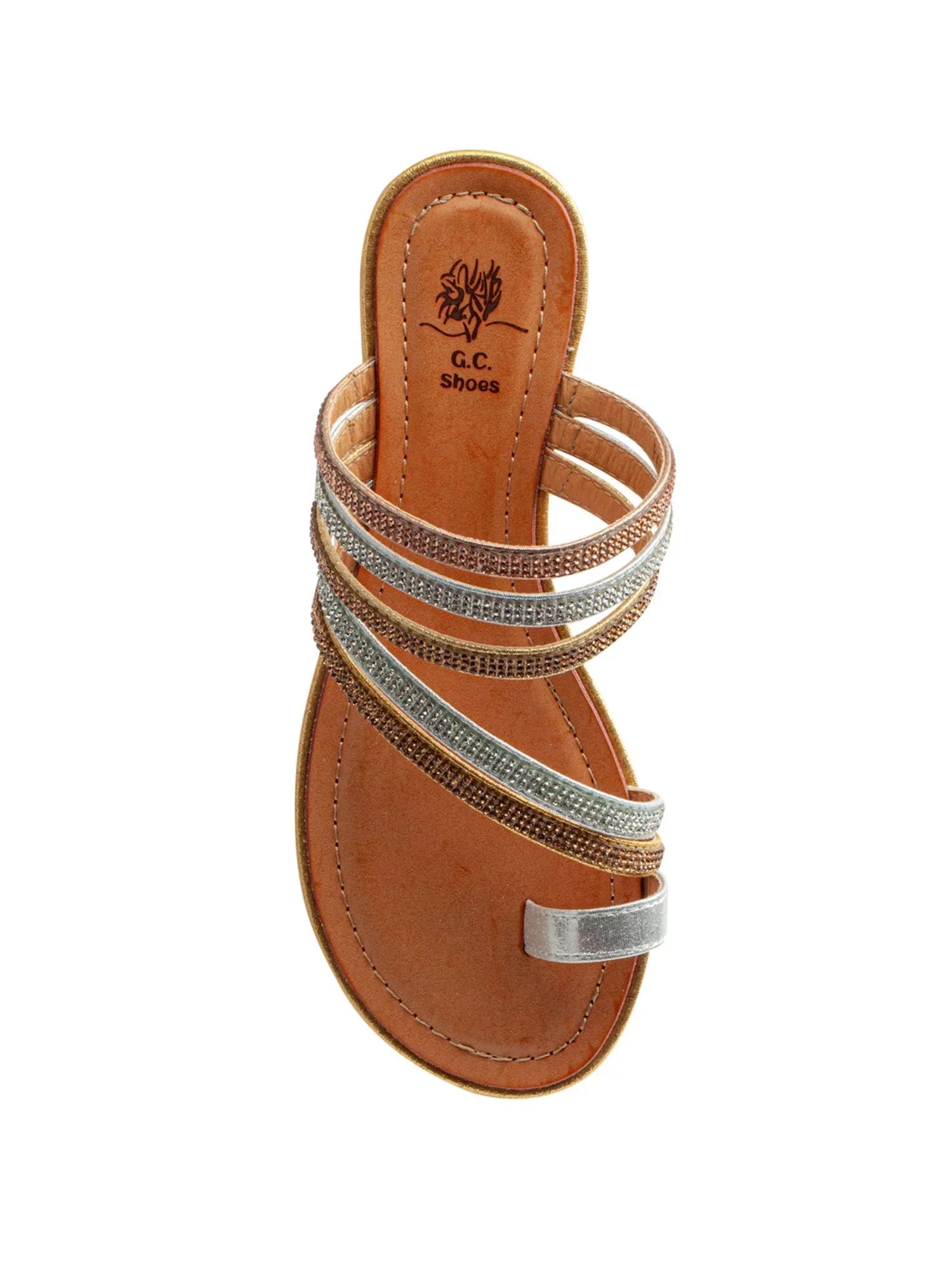 On 9 Toe-Loop Harmonie Slide Round Womens Strappy Wedge G.C. Toe Slip Rhinestone Sandals Padded Gold SHOES
