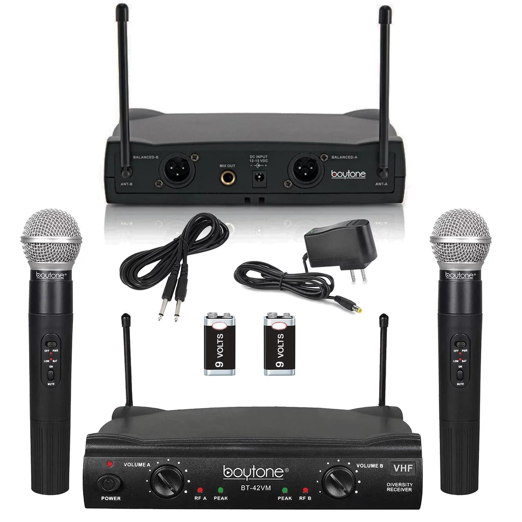 System - Dual Boytone Dynamic Wireless Fixed Church, Mics, Microphone BT-42VM Wireless Receiver, DJ, Conference, VHF Mic Frequency Channel for Transmitter Karaoke, Dual Handheld Cases Carrying 2