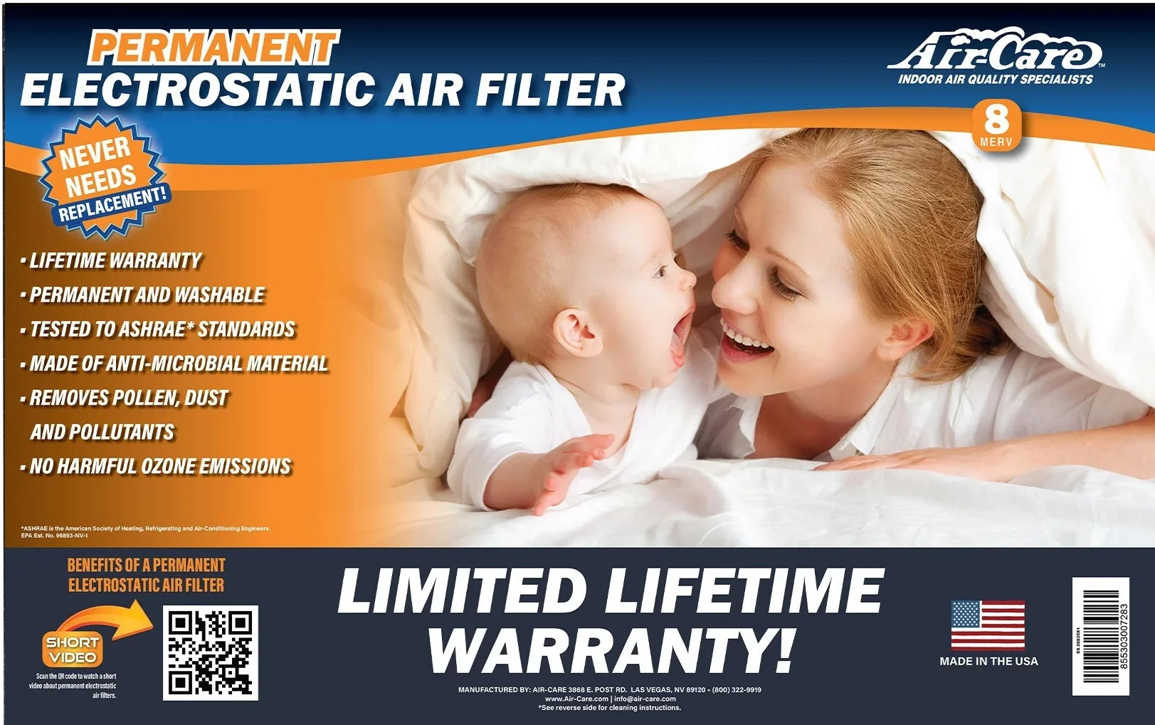 HVAC Washable 18x20 Air-Care 8 Flexible Electrostatic Permanent MERV Furnace Filter,