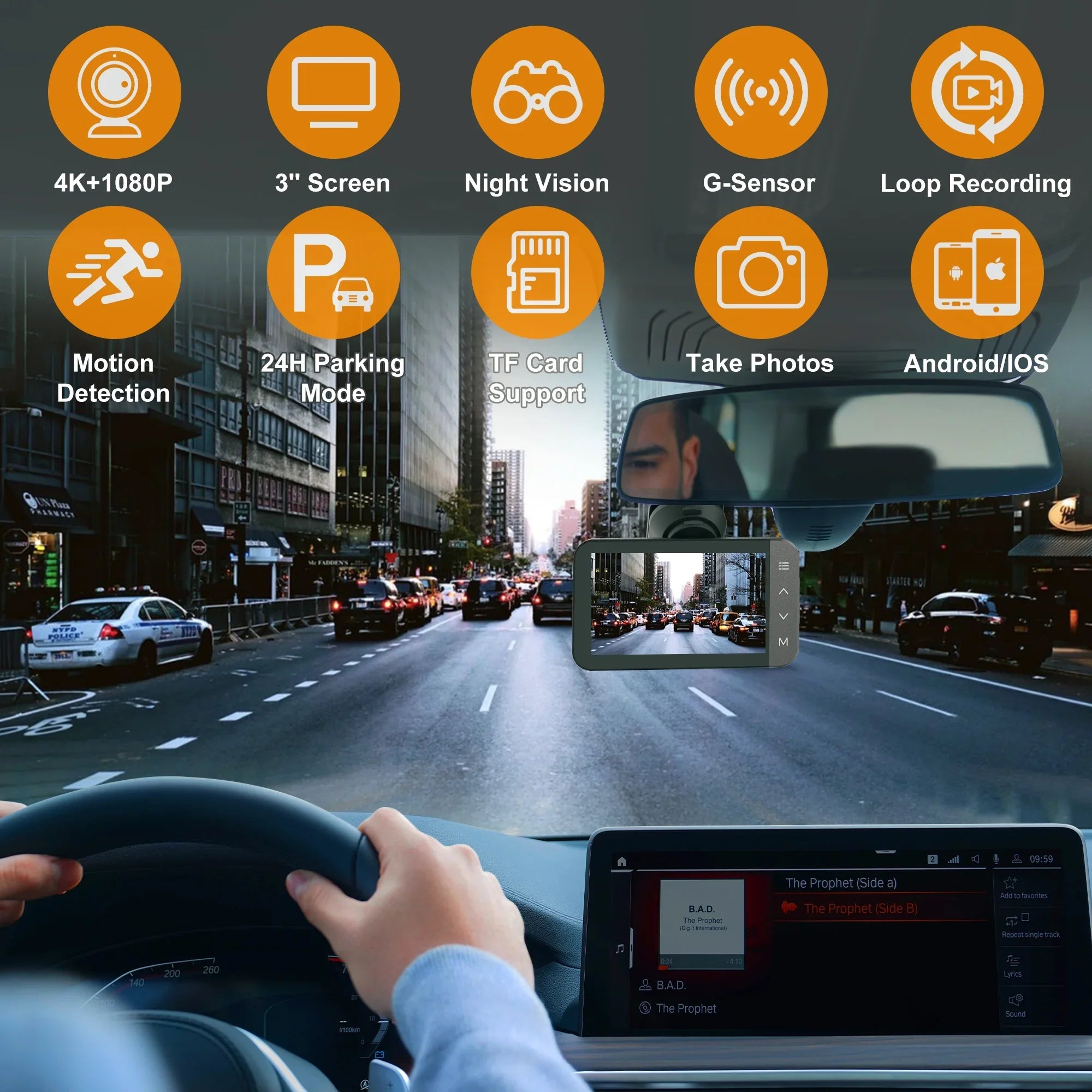 3'' Mode Vision, HD and IPS with Cam Loop Front Touchscreen GPS, 24H Car Dash Recording and 4K and Night For G-Sensor, Full with WiFi Rear GCZ Parking Dashcam and