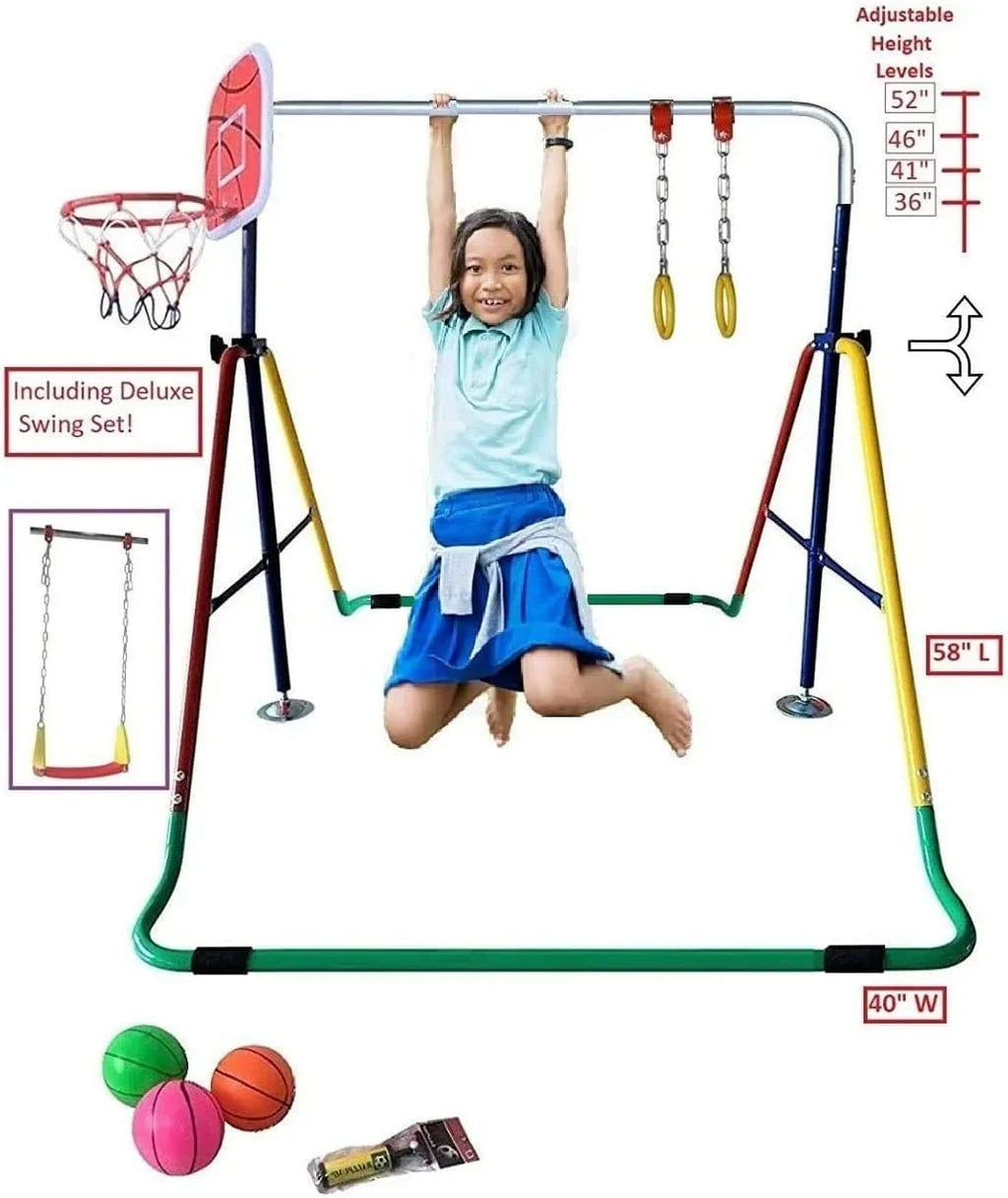 Bar Folding Junior Hoop Gym Bar for 4-in-1 Set Gymnastics Height-Adjustable Training with - Rings, Swing, Basketball Home