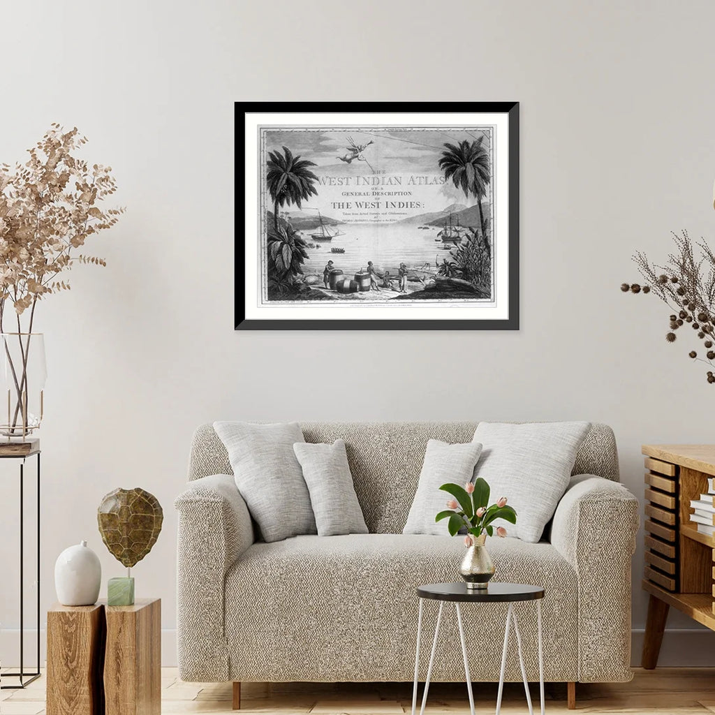 British and large scene three beach Print, with West sailor showing 21-7/8" on harbor], Natives the a x [A Indies two ships 17-7/8" in and in Framed the the Historic casks,