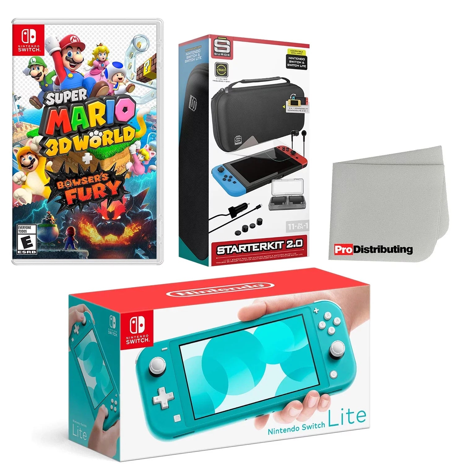 with Starter US Switch Screen and with Kit Import Plug Turquoise Mario - Fury, + World Console Nintendo Accessory 3D Bundle Cleaning Bowser¡¯s Super Lite Cloth