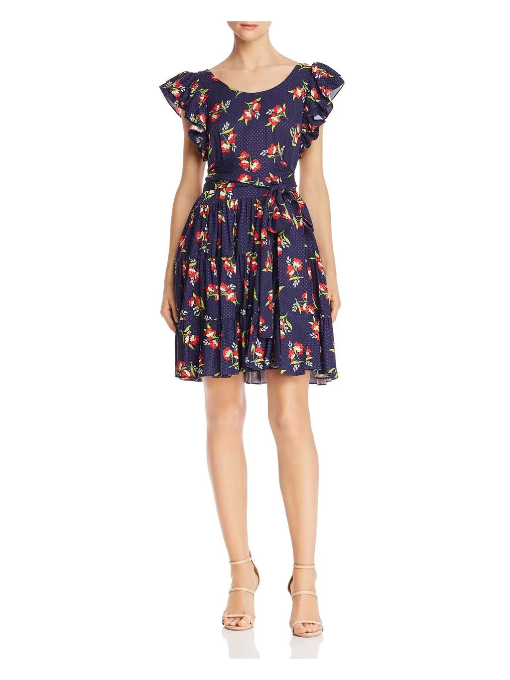 Cut Navy Scoop Out Sleeve Dress Floral L Flare Cap Short STUART JILL Back + Neck Womens Fit