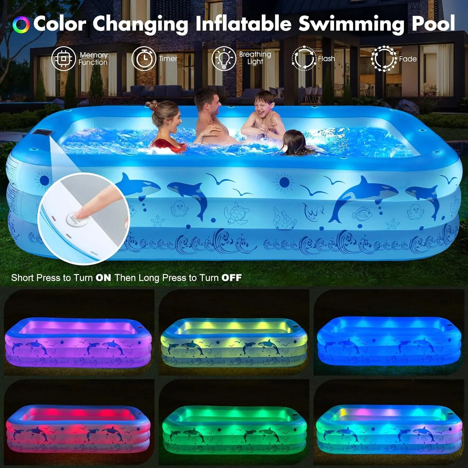 Solar for 2024 Pool Inflatable for Backyard Thickened Upgraded Kids,Adults, Pool, Pool Blow Kiddle Pool Family with Swimming up Pool Powered, Large 105"x65"x25''Oversized Inflatable Lights,