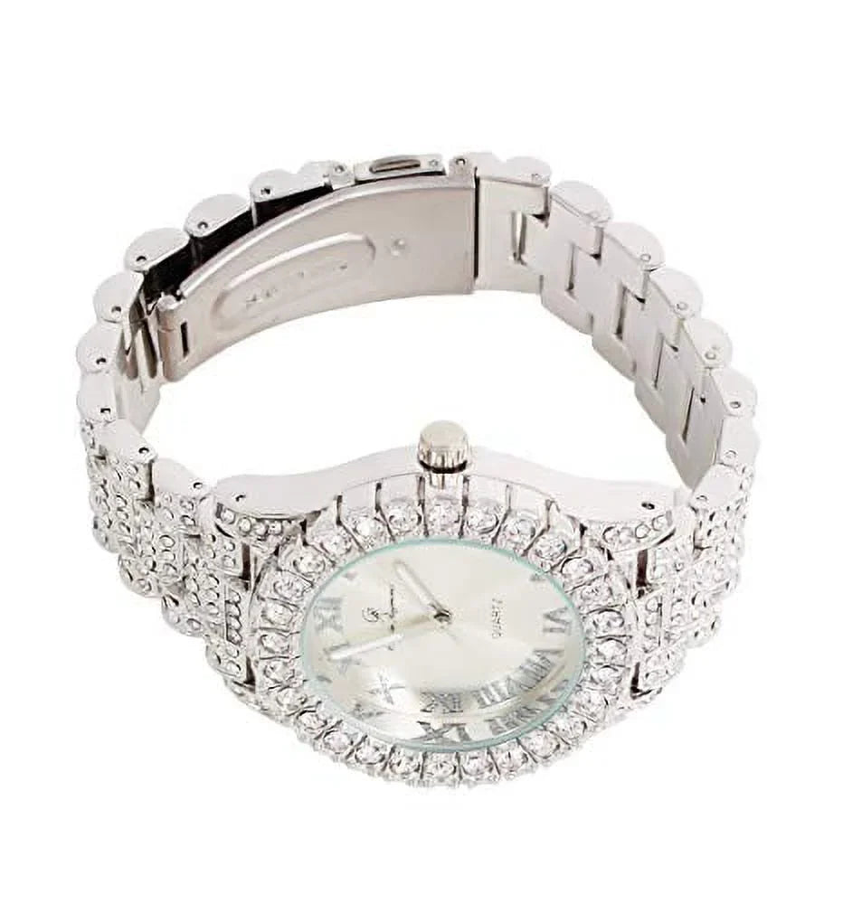Hop - Fully (Shiny Charles Blinged Numerals Colorful Hip ST10327 Big Dial with Rocks Single Out Out Silver) RN Iced Roman Raymond Wristwatch Silver Mens