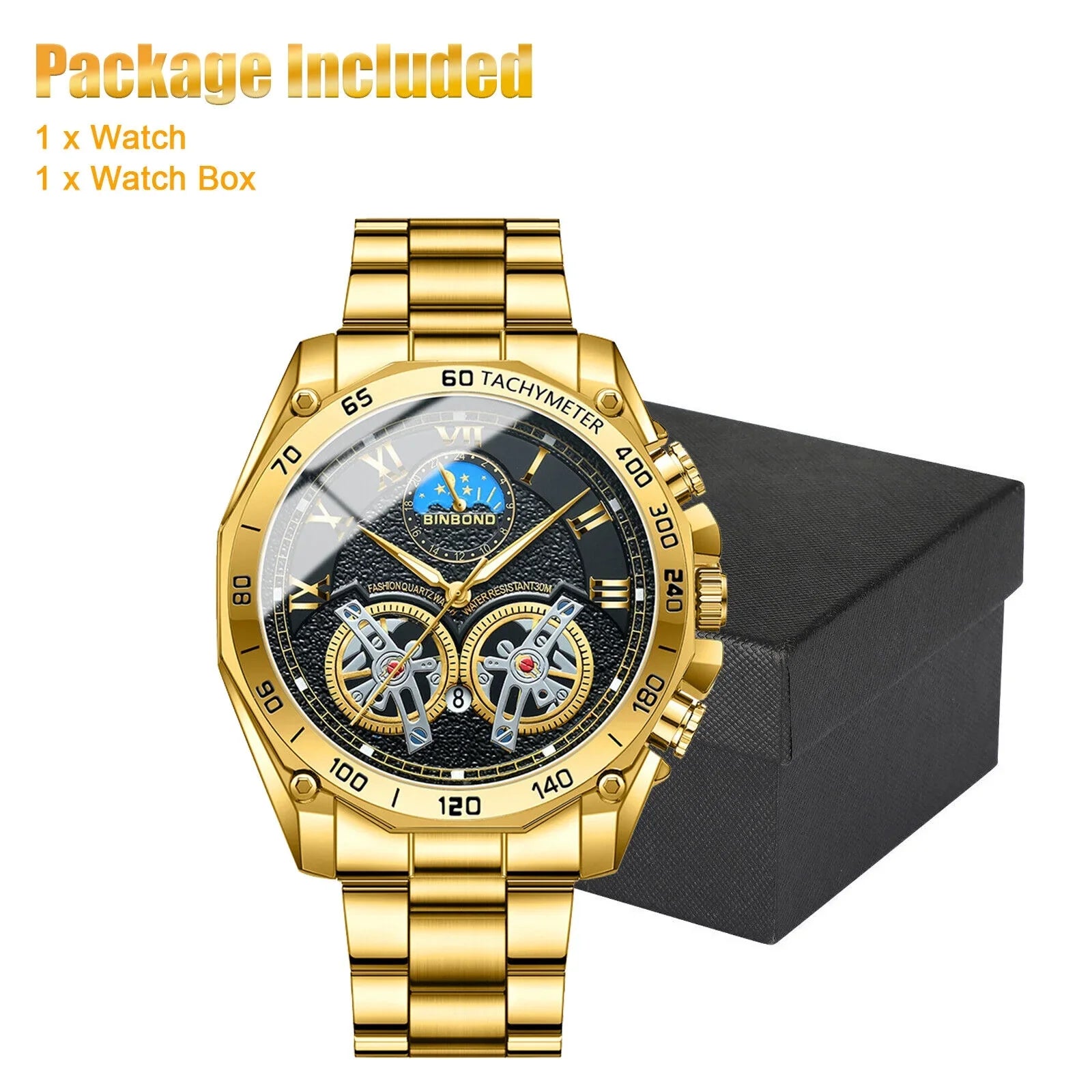 Quartz Gold Business Luxury Men's Analog Steel Watch Stainless Gift Waterproof