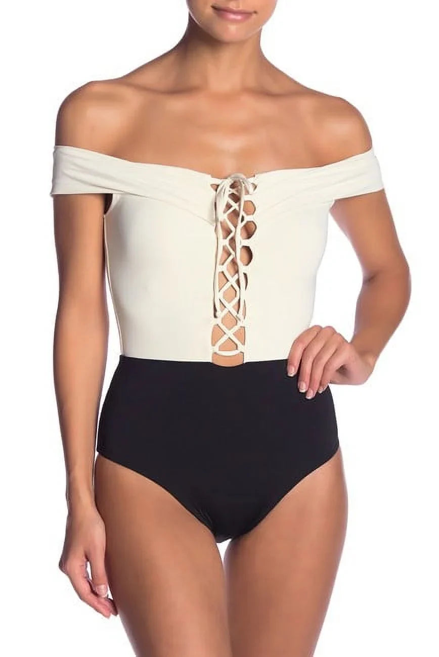 L*Space CREAM/BLACK/CAMEL Anja 12 US Off-the-Shoulder Piece Swimsuit, One