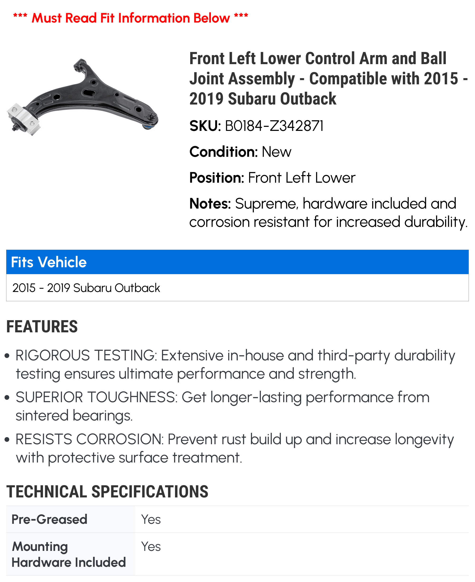 2015 Left 2018 2019 with Outback - and Ball 2016 Joint Lower - Assembly Arm Front Compatible Control 2017 Subaru