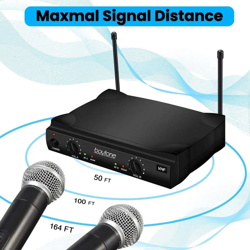 System - Dual Boytone Dynamic Wireless Fixed Church, Mics, Microphone BT-42VM Wireless Receiver, DJ, Conference, VHF Mic Frequency Channel for Transmitter Karaoke, Dual Handheld Cases Carrying 2