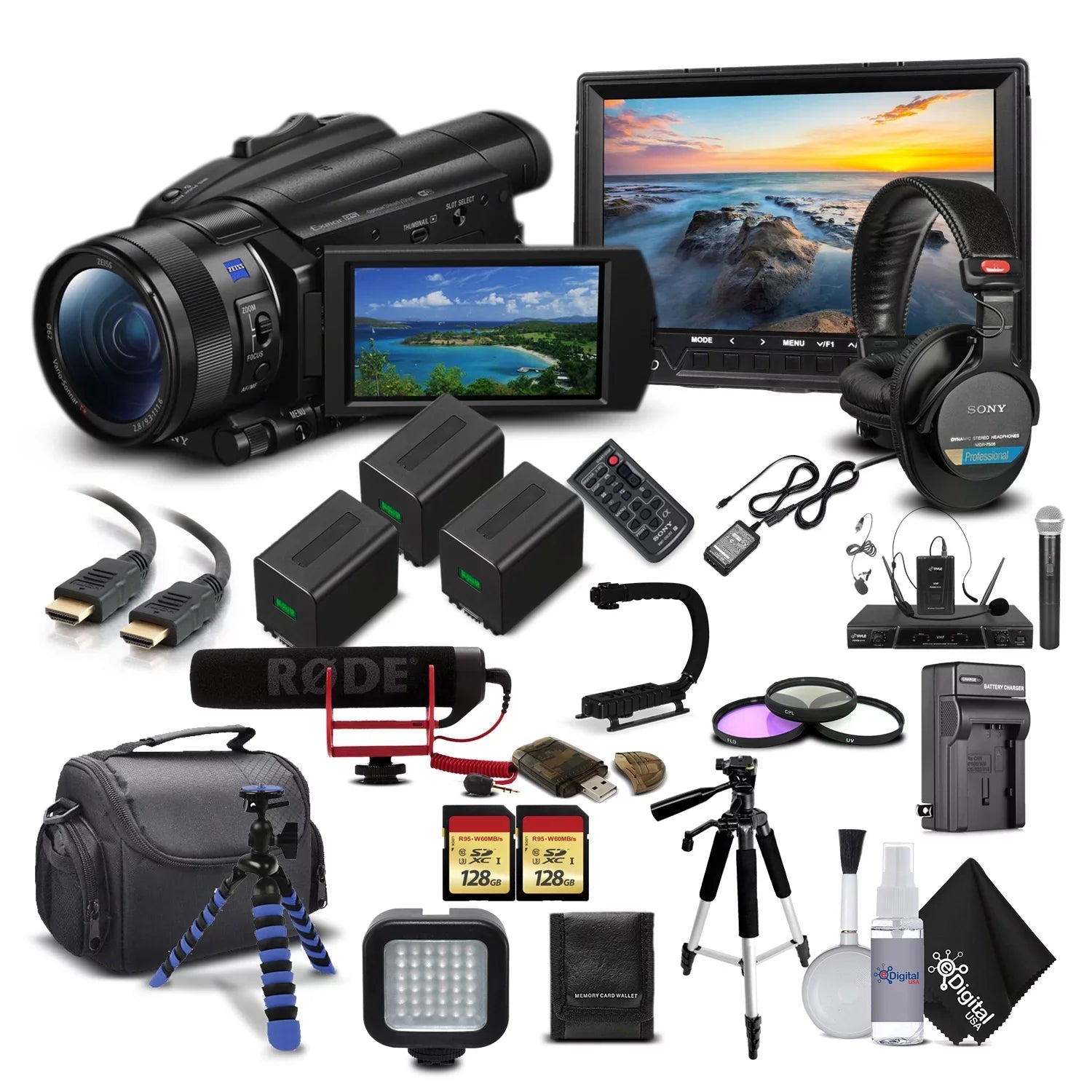 2 Hard Sony Handycam Camcorder Memory Camera + Batteries + M Card + HD 128GB Charger FDR-AX700 Video Case + extra 4K and