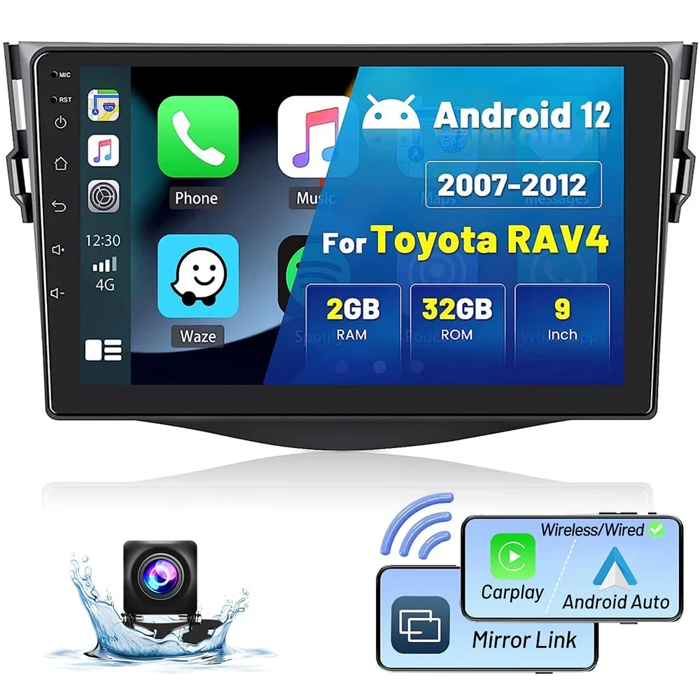 Car 2007-2012 WIFI Radio Carplay Android 12 Touchscreen 2+32G Auto Stereo HD Cable, Wireless Podofo GPS USB AHD 1080P 9'' Toyota Camera Bluetooth Android for RAV4 Hifi FM Mirror Backup Link