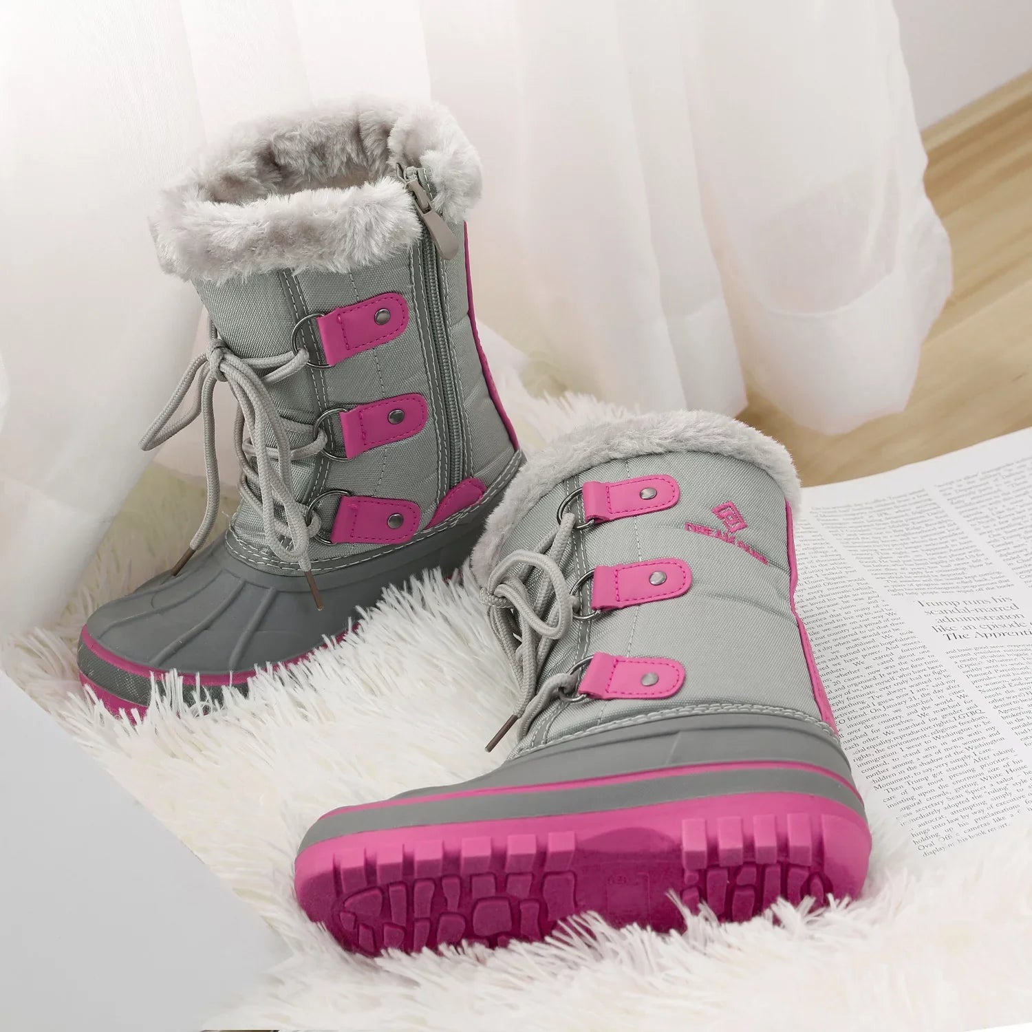 Fur-Lined Ankle 5 Warm Size GREY/FUCHSIA Girls Big Toddler Boots Kid Boys Snow Boots Soft Kids FORESTER Faux Pairs Shoes Winter Dream