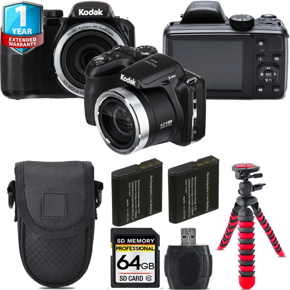Warranty AZ421 +Tripod Camera -64GB Yr Kodak Extra (Black) + Kit + PIXPRO Digital Battery 1