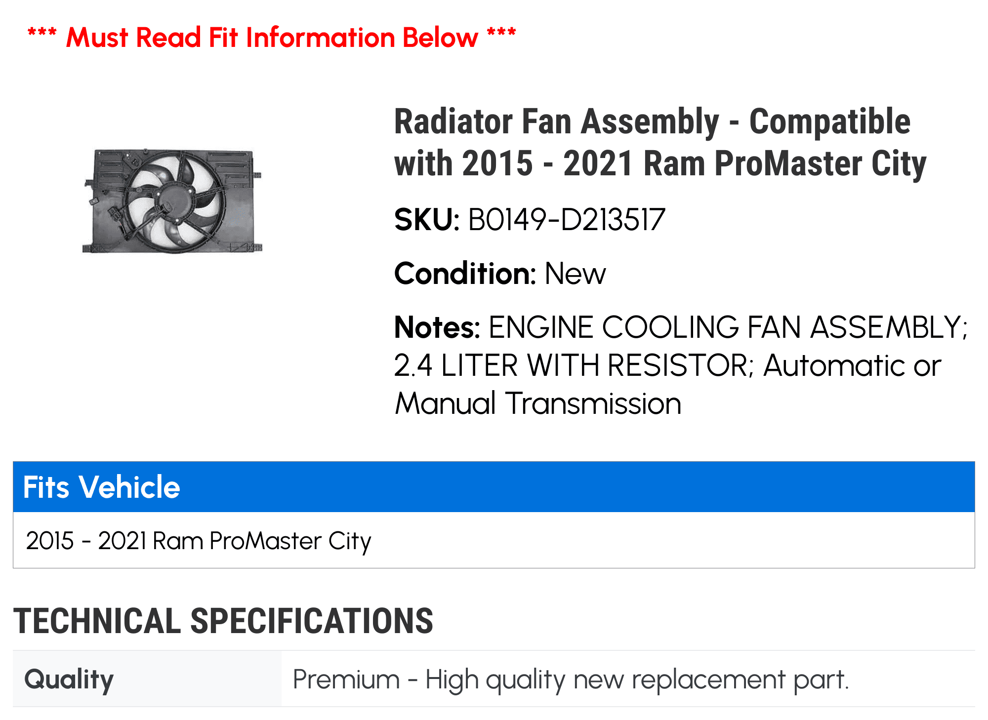 Ram Fan City 2017 Compatible 2016 ProMaster with 2020 2015 Assembly - 2018 - 2019 2021 Radiator