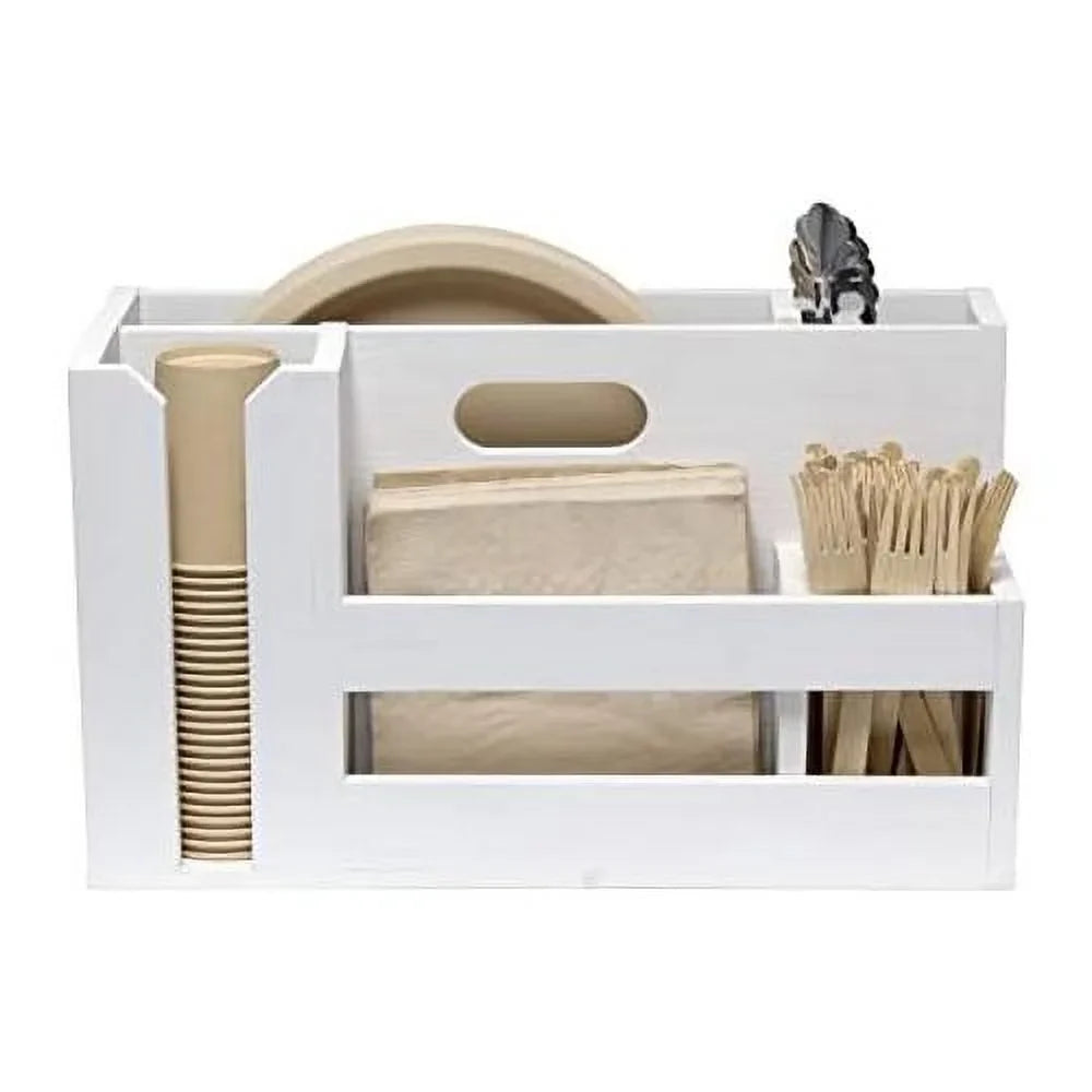 Pantry Events Picnic, Breakfast & BBQ Condiment Handle W Cutout Compartments Kitchen For Picks Flatware Wooden Utensils & Farmhouse Caddy Wash Organizer D¨¦cor Countertop Wht