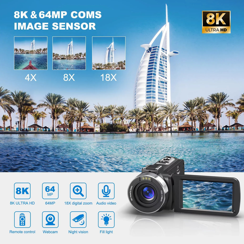 Youtube SD Camera Camcorder 64MP 32GB Remote Mic Video Card, Camera Camera Digital 18X and inch Vlogging 3.0 Video Screen Control, Flip 8K for Camera External 2.4G with Batteries MARVUE Two