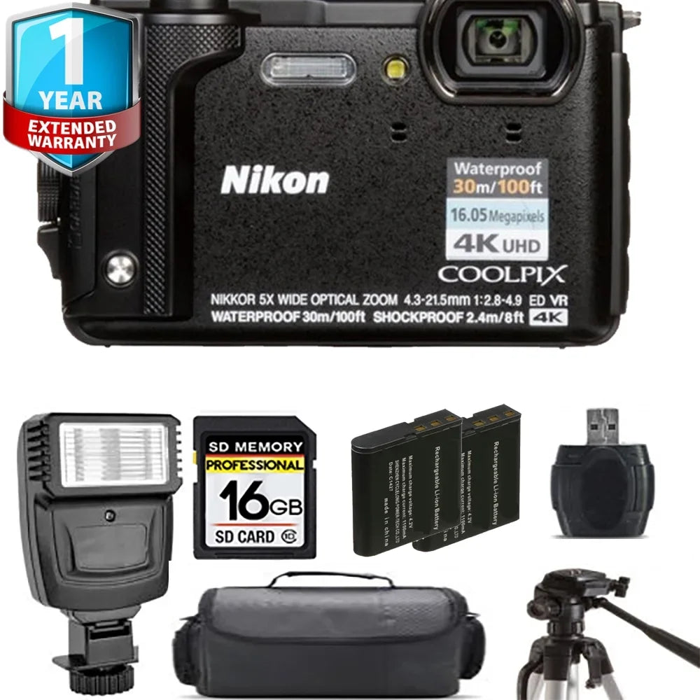 Warranty Battery + 1 Nikon Extra W300 (Black) + Flash+ Camera Yr COOLPIX