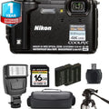 Warranty Battery + 1 Nikon Extra W300 (Black) + Flash+ Camera Yr COOLPIX