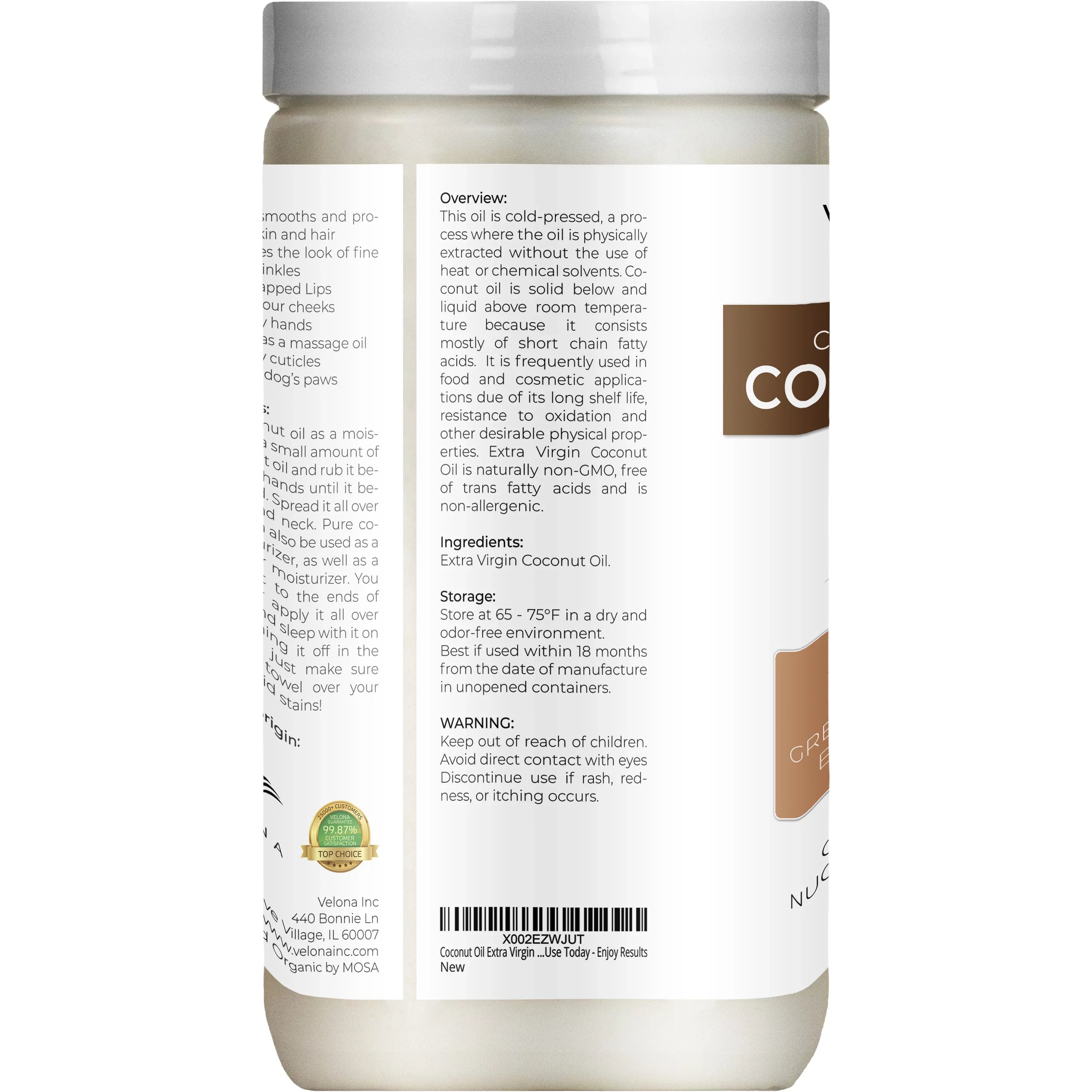 Skin, jar oz 64 Virgin Food Pressed Virgin, Organic Face, | Care | Cold Oil USDA Hair in - Enjoy - Today Extra Use Extra | Certified Cosmetic Grade | Velona Body, | Coconut Results and