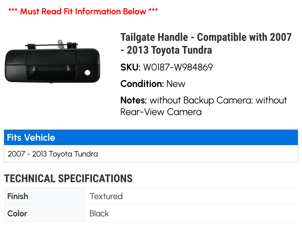 with 2013 2010 2012 Black Camera without Toyota 2007 2011 without Textured - - 2008 Camera) - Handle Rear-View (Models Tailgate 2009 Backup Compatible - Tundra