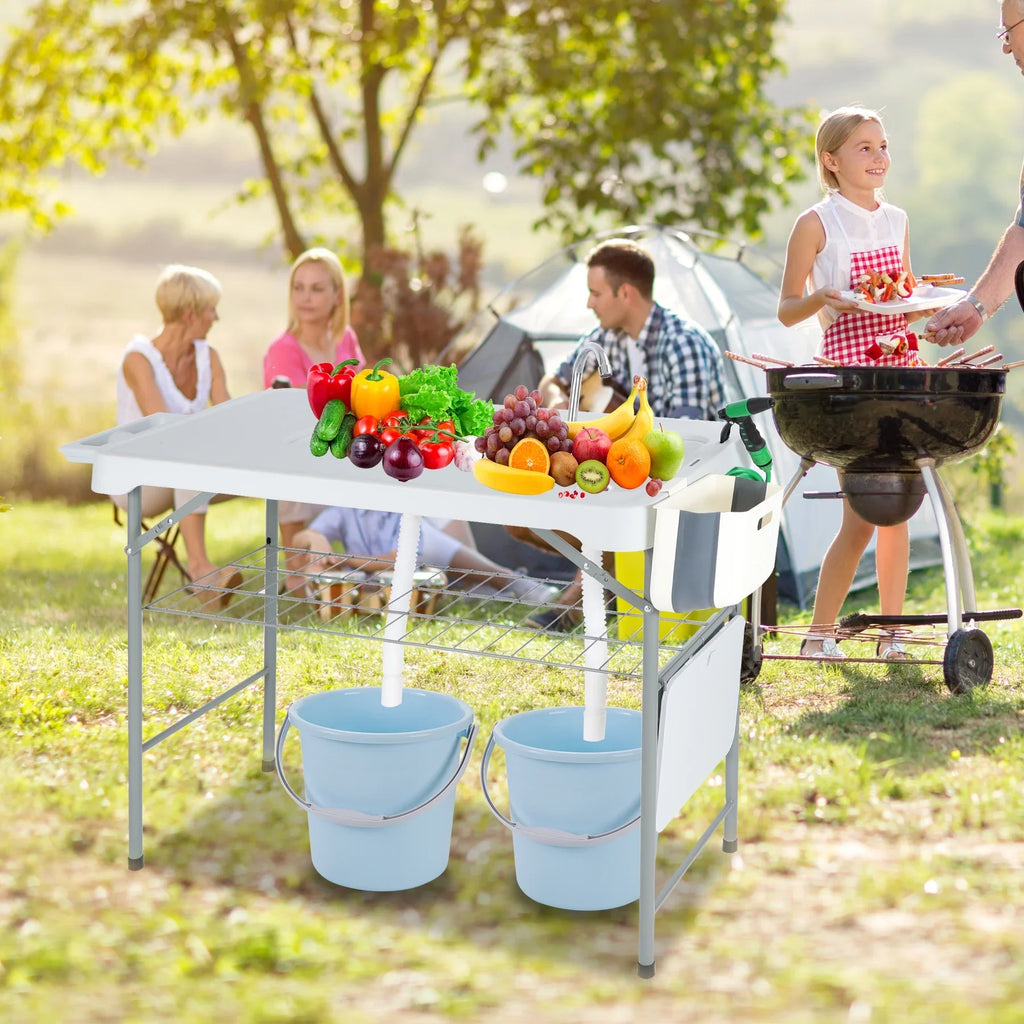 Sink Cleaning with Picnic Hoses/Rack/Basket, Flexible Sprayer, REDCAMP w/ Camping Portable for Table Fish Station 2 Patio Beach Folding Sinks Table Camping Faucet/Drainage Garden and Outdoor
