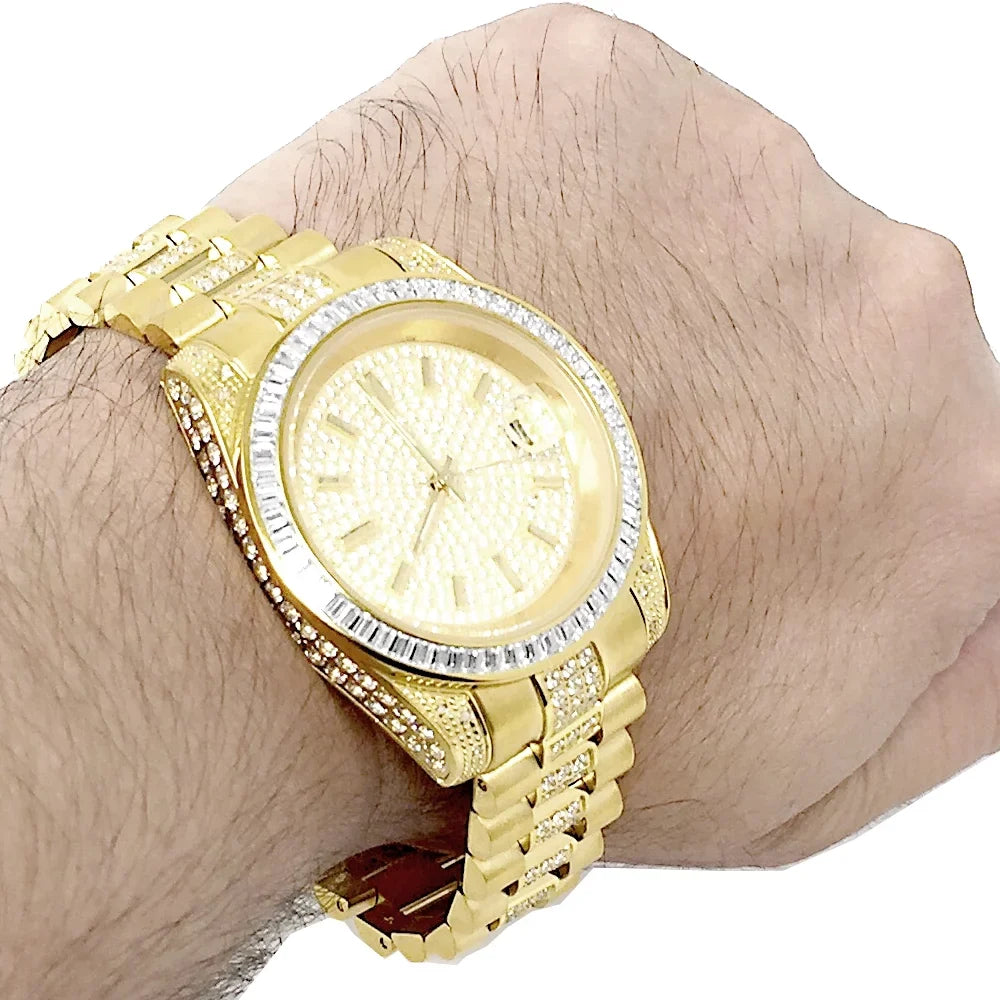 Stainless Presidential Tarnish 41MM Finish Watch Free New Diamond Simulated Yellow Unisex Gold Steel 18k