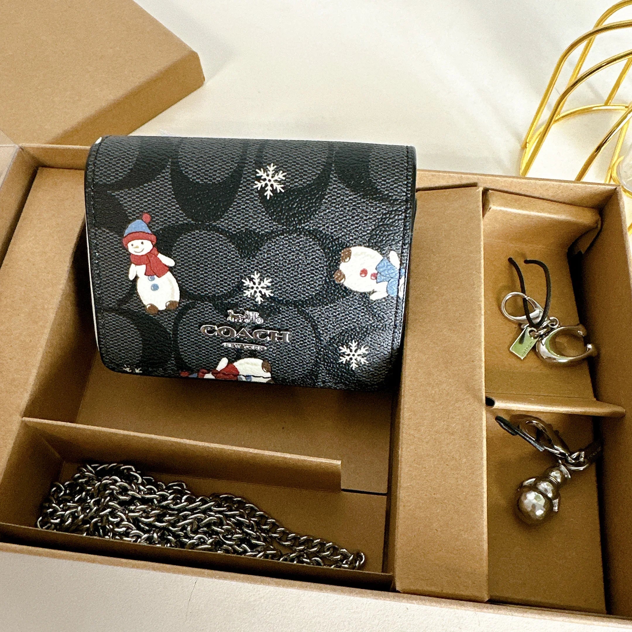 Canvas Chain Multi Black Signature Mini Print With Coach On CN047 In IN Boxed Snowman Wallet A