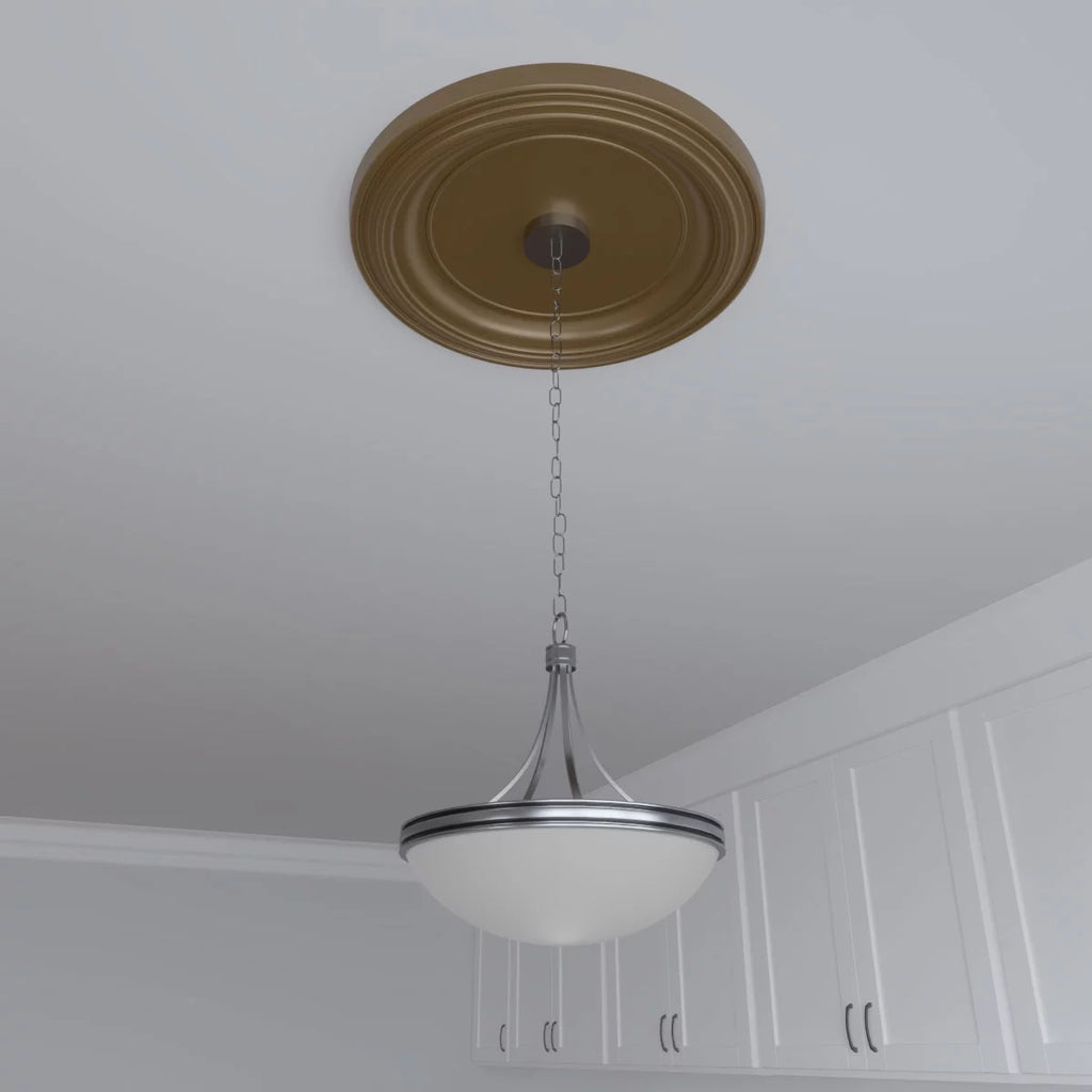 Ekena 3 Rush x Thermoformed to Gold Traditional Canopies (Fits 13 Millwork 1 up 1/2"), 22"OD PVC Medallion Ceiling Metallic 1/2"P x 1/2"ID