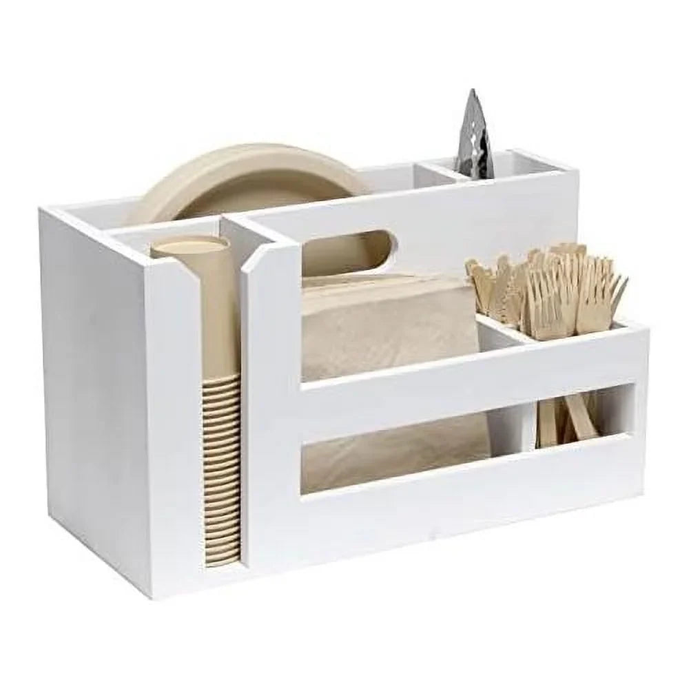 Pantry Events Picnic, Breakfast & BBQ Condiment Handle W Cutout Compartments Kitchen For Picks Flatware Wooden Utensils & Farmhouse Caddy Wash Organizer D¨¦cor Countertop Wht