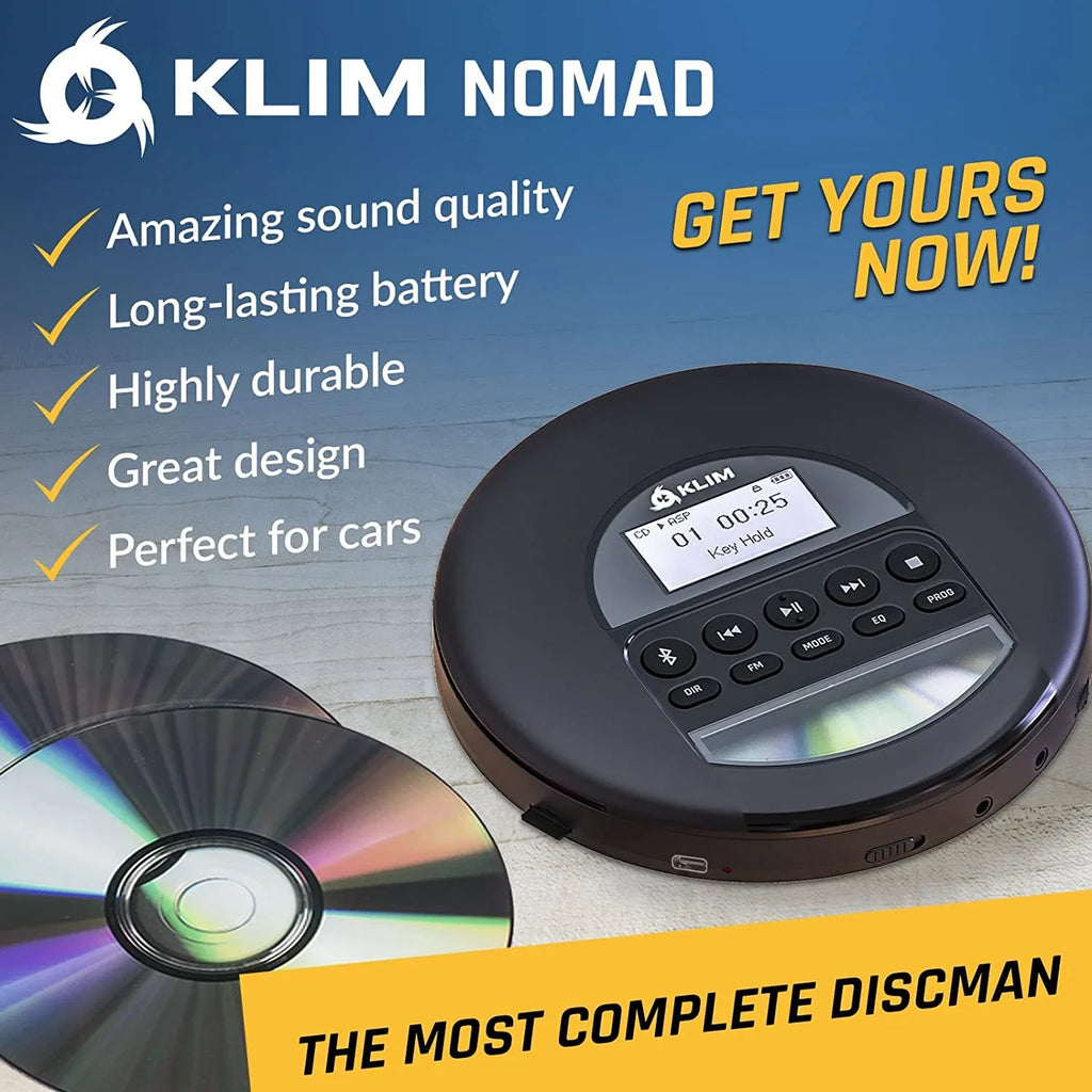 AM KLIM Good) Player TF Radio, Bluetooth- Cars, Headphones, Portable Card, Pre-Owned Ideal Discman FM Nomad with Fusion Battery, (Refurbished: CD for Black MP3, Rechargeable