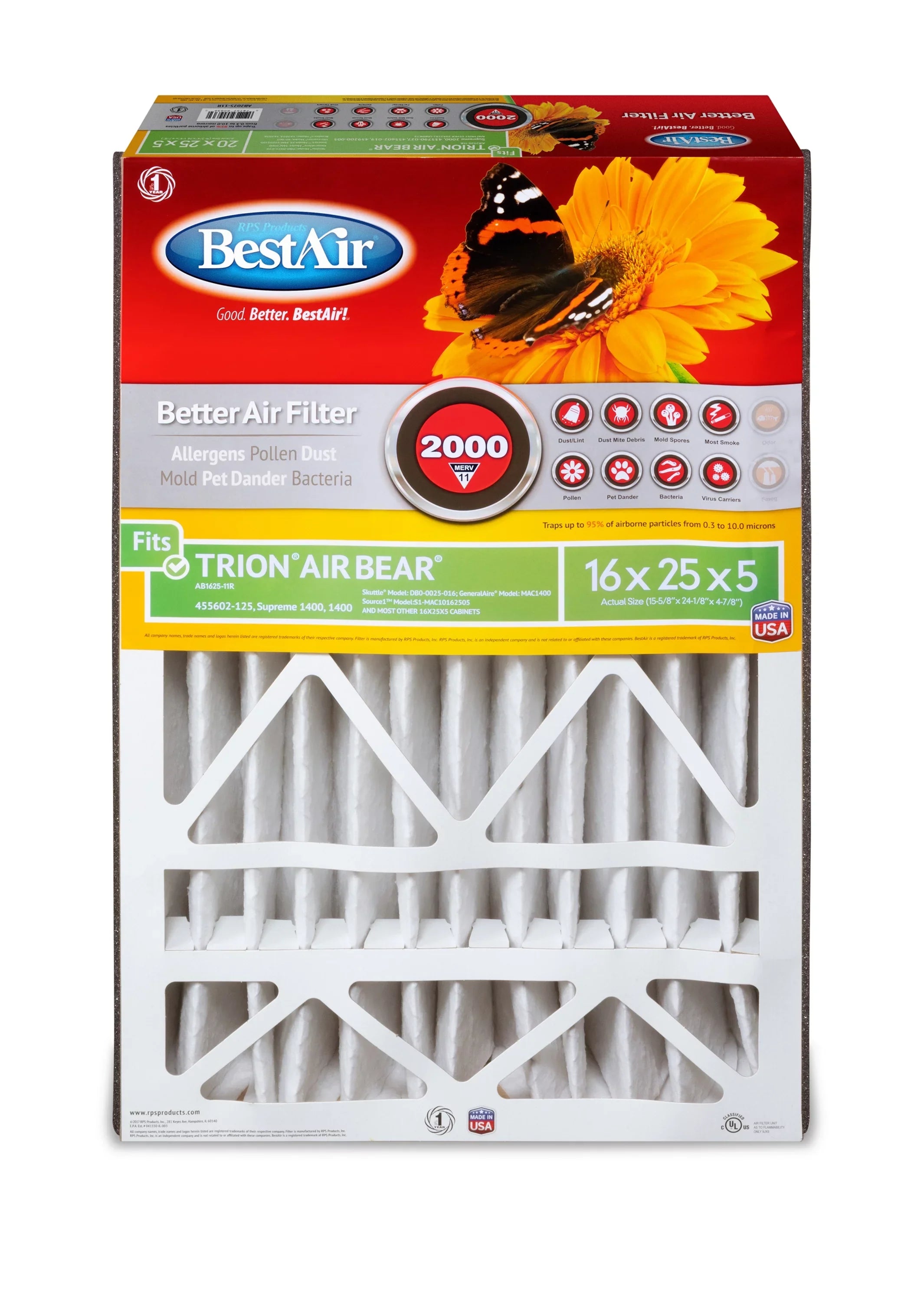 Filter Trion/AirBear AB1625-11R 16x25x5 2000 MERV Furnace 11 Series BestAir
