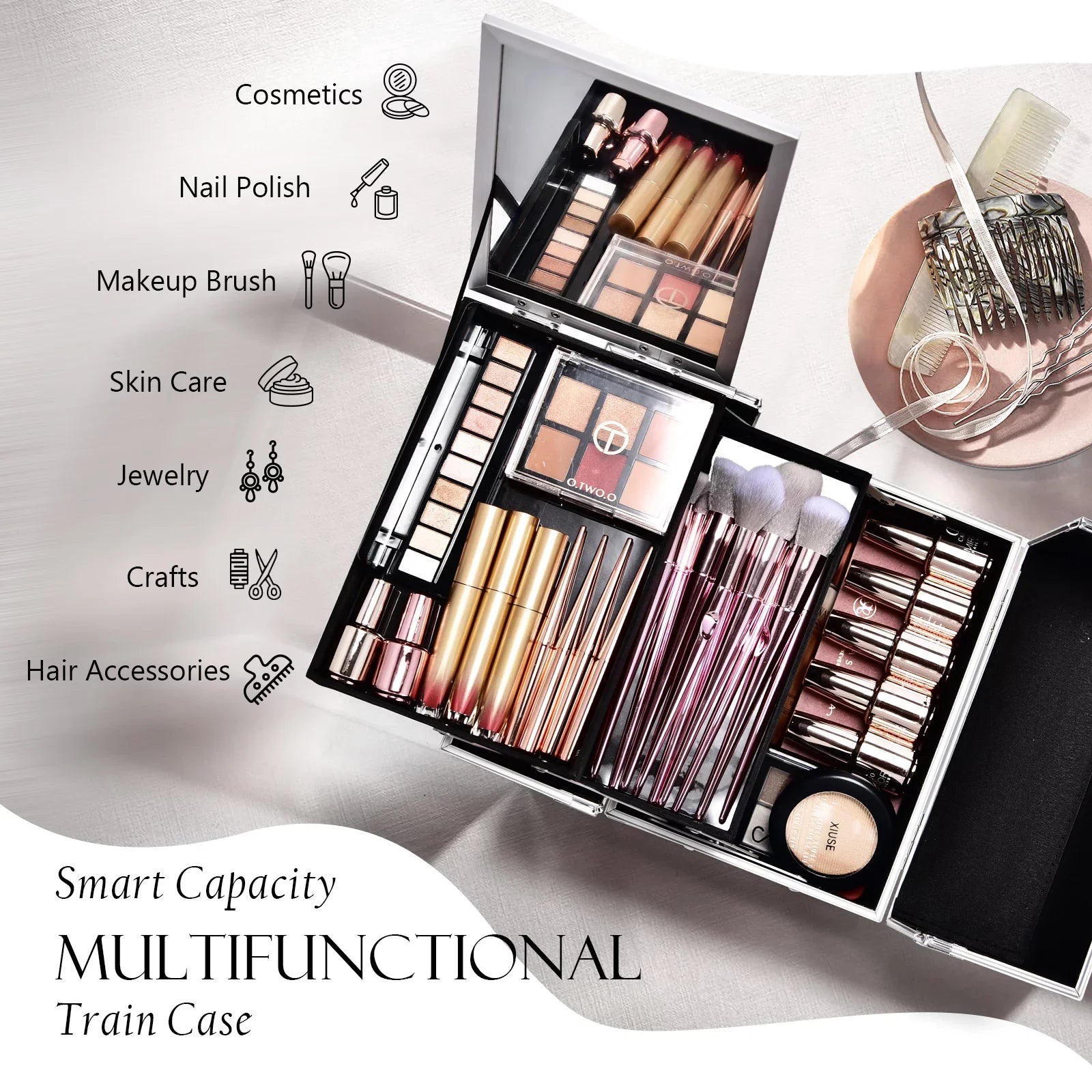 Makeup Box 2 Mirror Storage Lockable Case Joligrace Case Train Makeup Cosmetic Trays Organizer with
