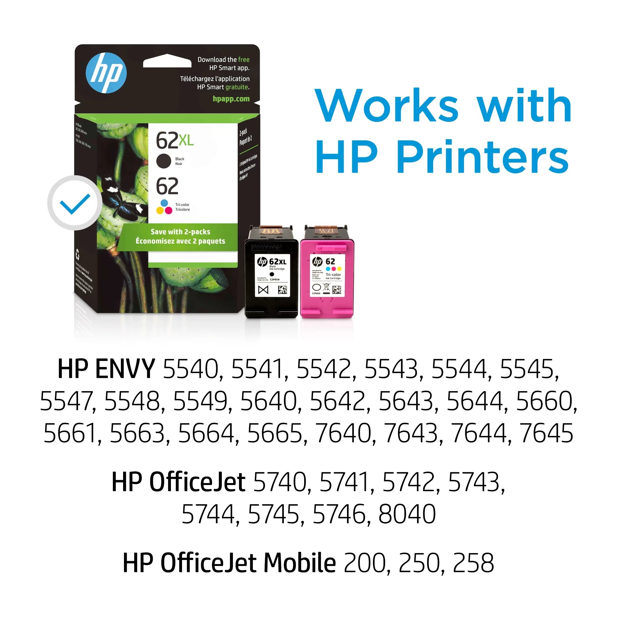62XL HP Ink Tri-Color Cartridges, Black/62 2/Pack N9H67FN,